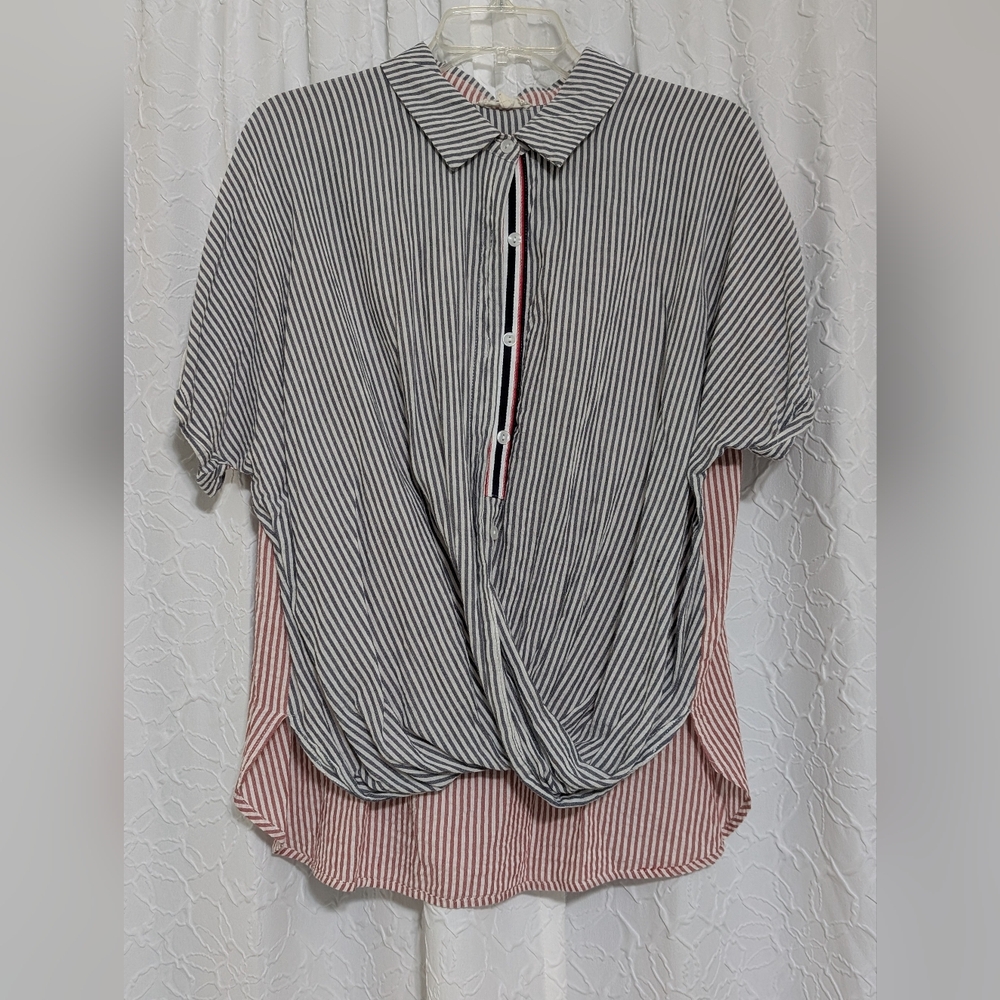 Mystree Black and White Asymmetrical Blouse with Cuffed Sleeves
